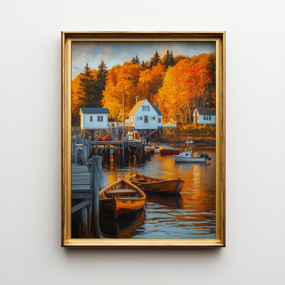 New England Harbor In Fall Coastal Landscape Art Print 510