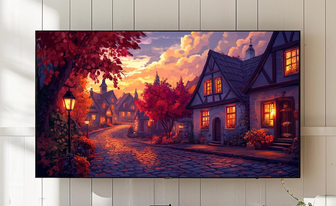 Rustic Autumn Village, Cozy Cottage Scene Art Print