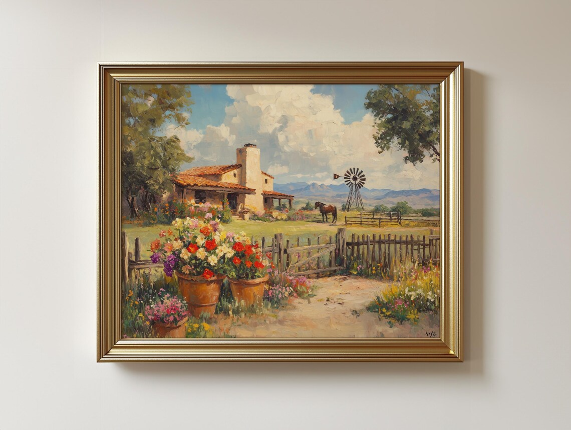 Vintage Adobe Ranch House Print Southwest Desert Landscape 131