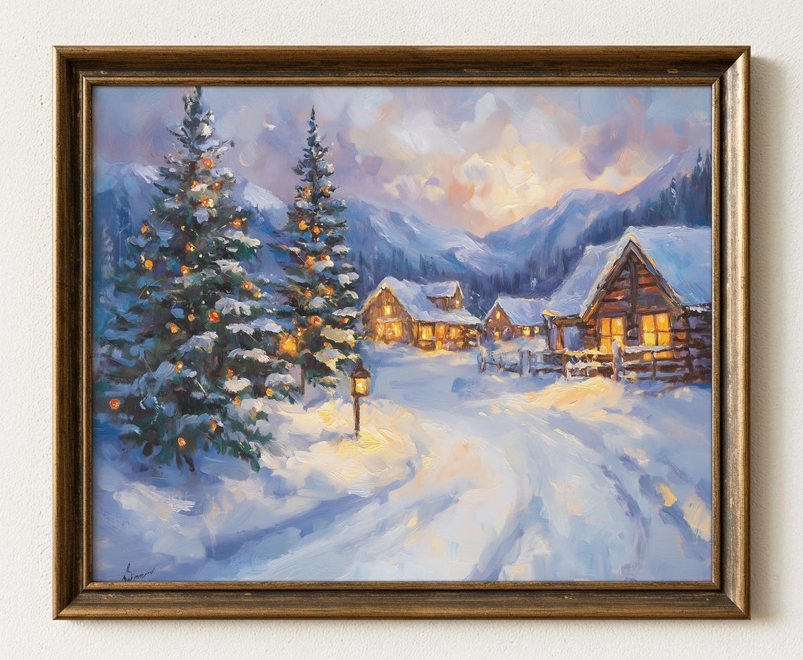 Cozy Snowy Winter Mountain Village Cabins Christmas Scene Poster
