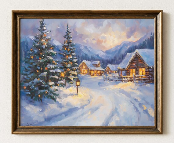 Cozy Snowy Winter Mountain Village Cabins Christmas Scene Poster
