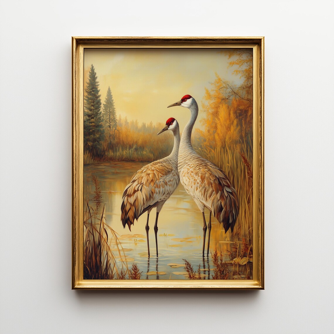 Sandhill Cranes Autumn Landscape Vintage Art Print