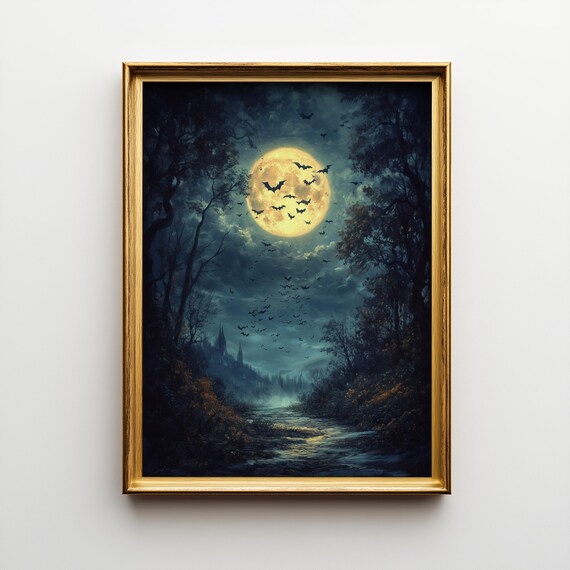 Full Moon Night Spooky Bats Dark Forest Art