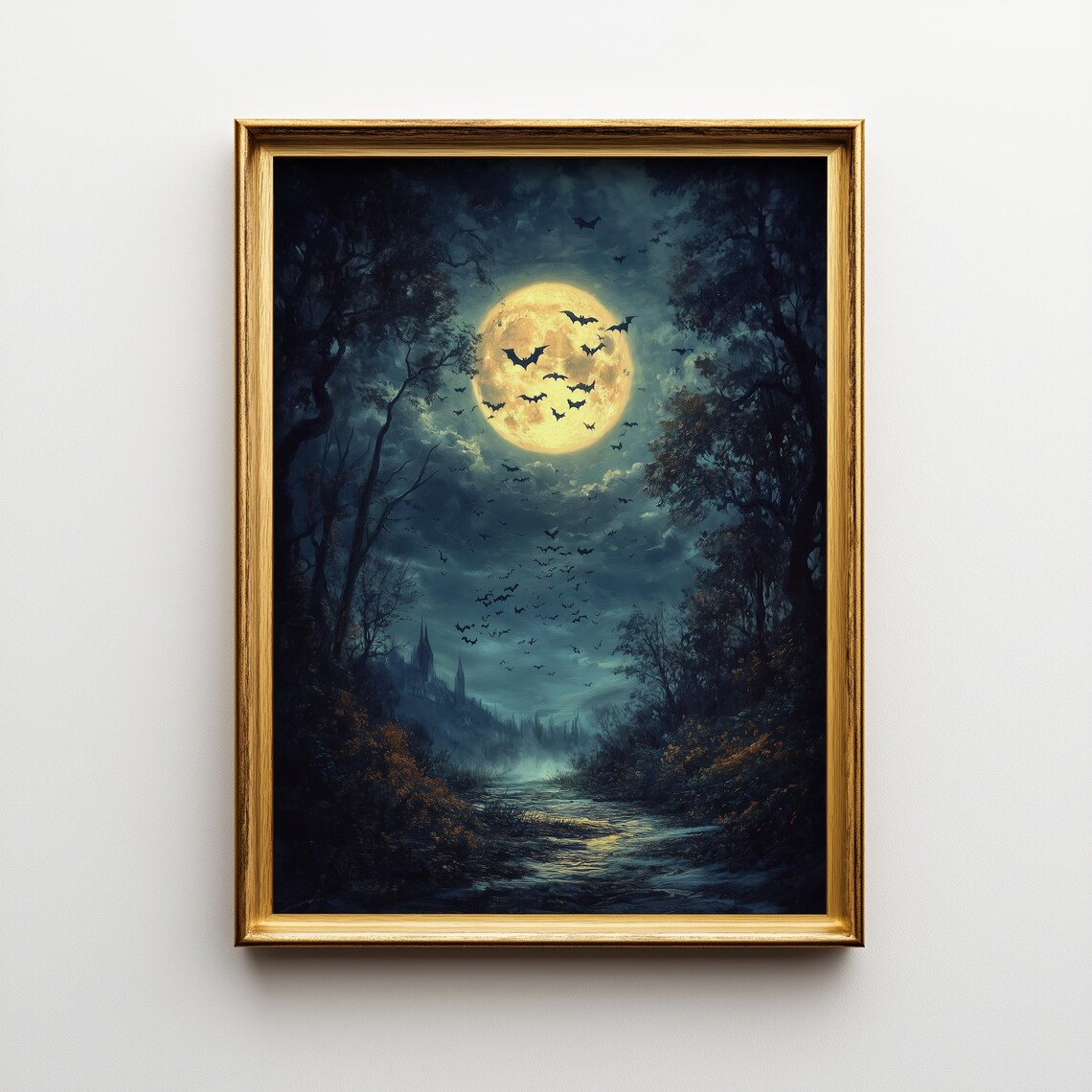 Full Moon Night Spooky Bats Dark Forest Art