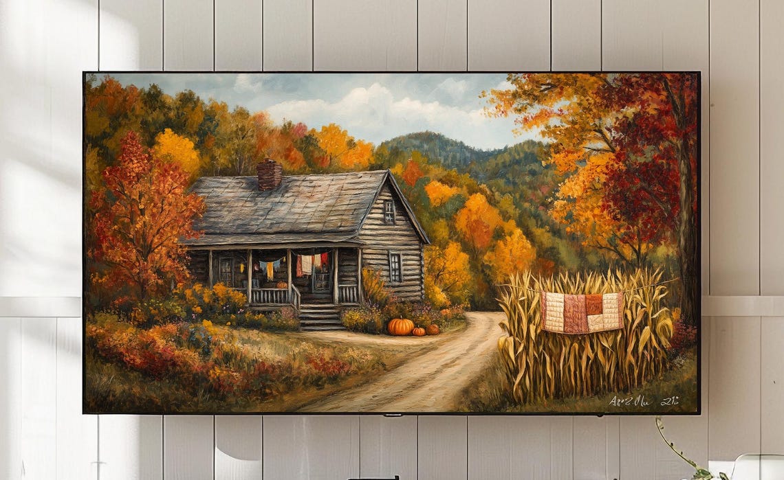 Harvest Log Cabin Autumn Pumpkins Cornfield Rustic Art Poster