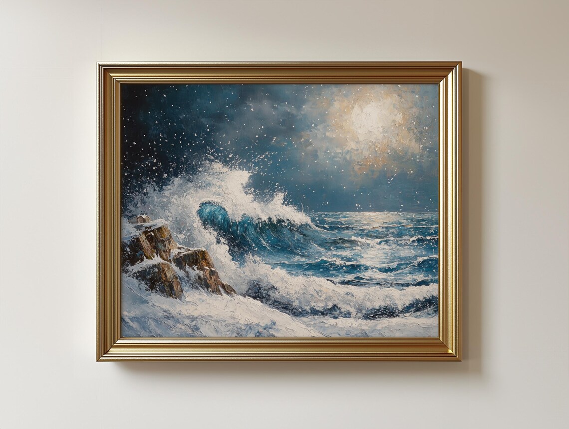 Winter Coastal Painting, Moody Ocean Waves Art Print