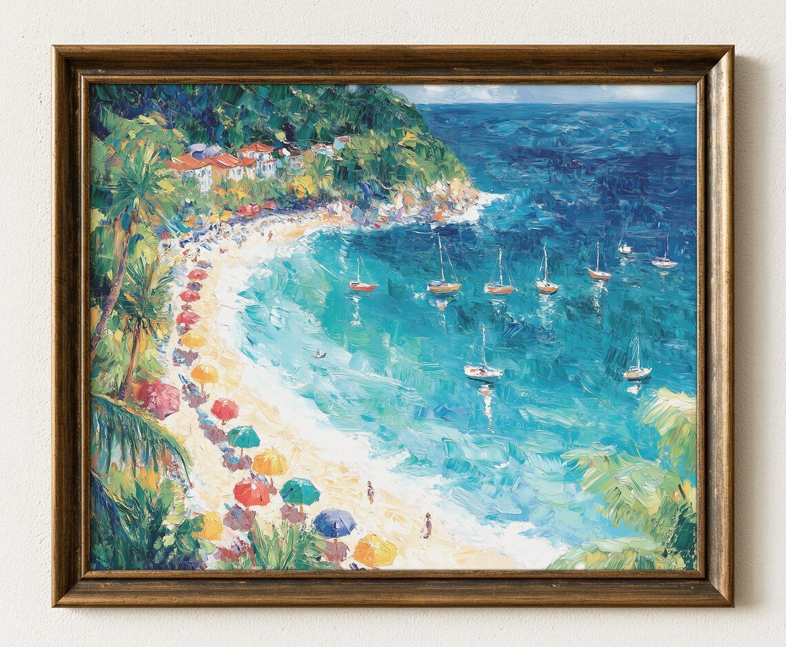 Tropical Beach Cove Art Print, Coastal Summer