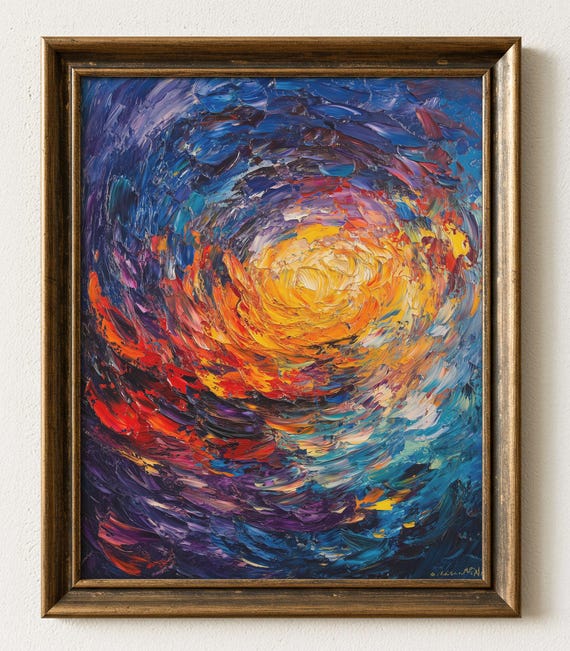 Abstract Swirl Vortex Art Expressive Dynamic Painting In Warm Reds Oranges Cool Blues Spiraling Motion Wall Decor 938