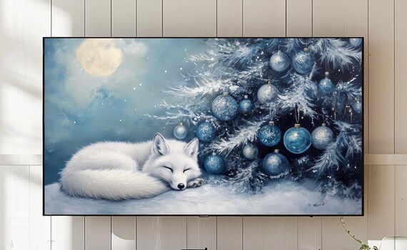 Sleeping White Arctic Fox Frosty Christmas Tree Blue Ornaments Poster