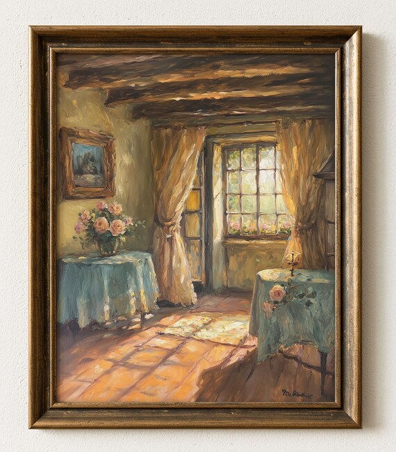 Rustic French Cottage Print Vintage Interior With Flowers 984