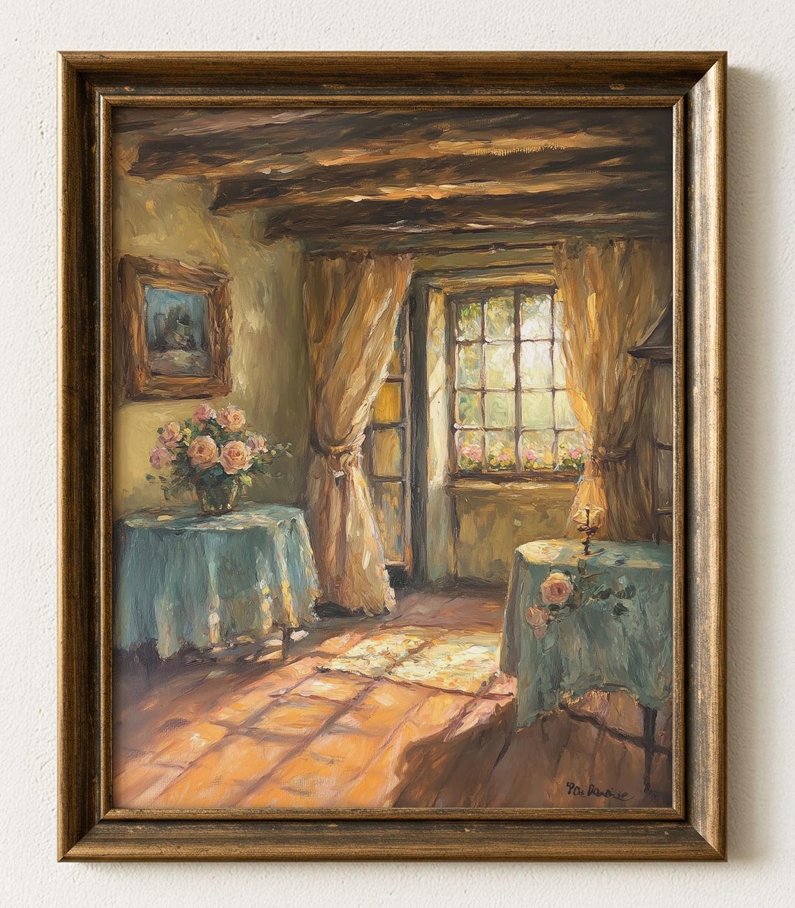 Sunlit Rustic French Cottage Interior with Roses Vintage Wall Art