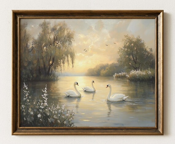 Swan River Landscape Art Print Serene Pastoral Painting 999