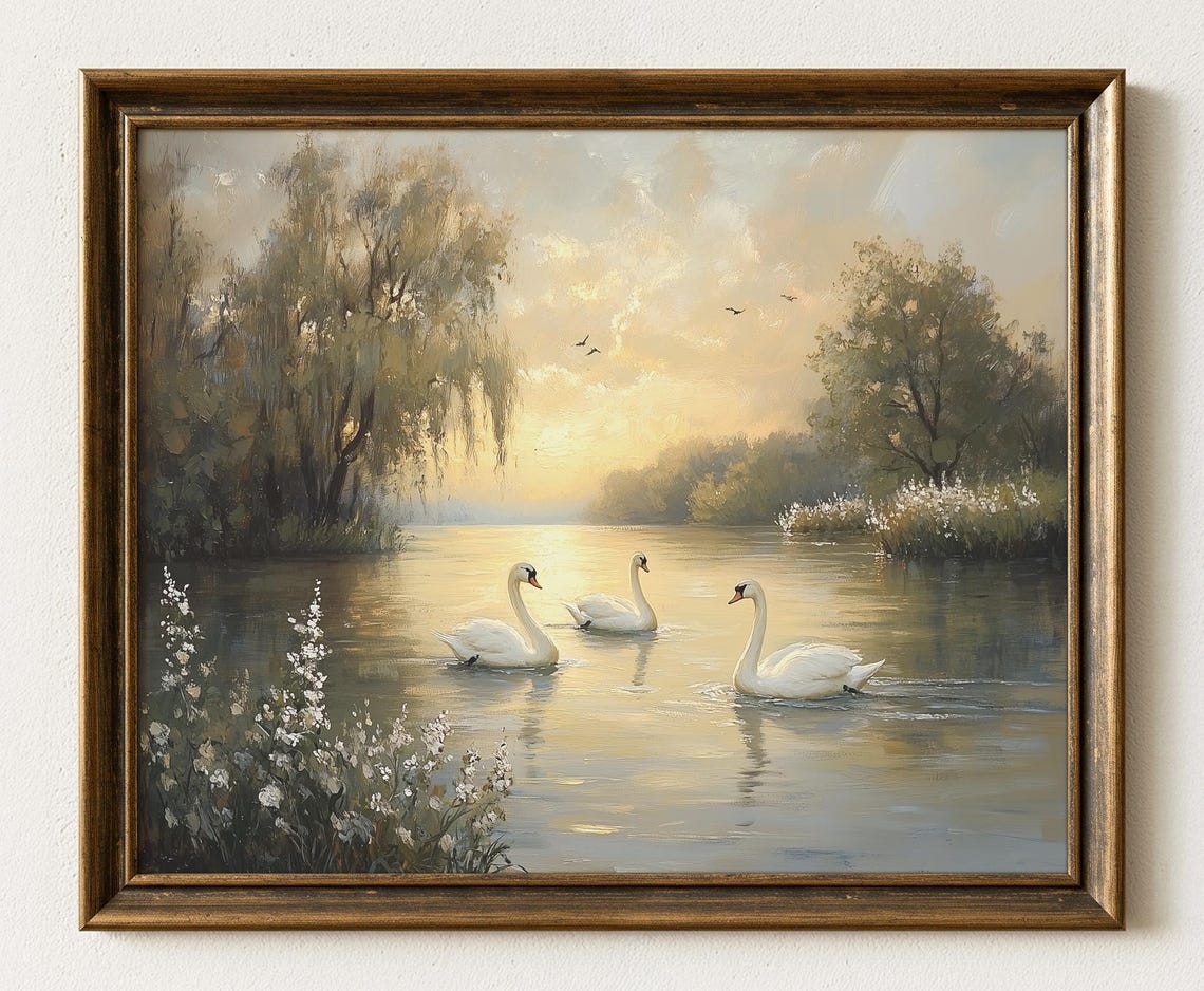 Three Swans On Calm Lake At Sunset Willows Art Golden Poster
