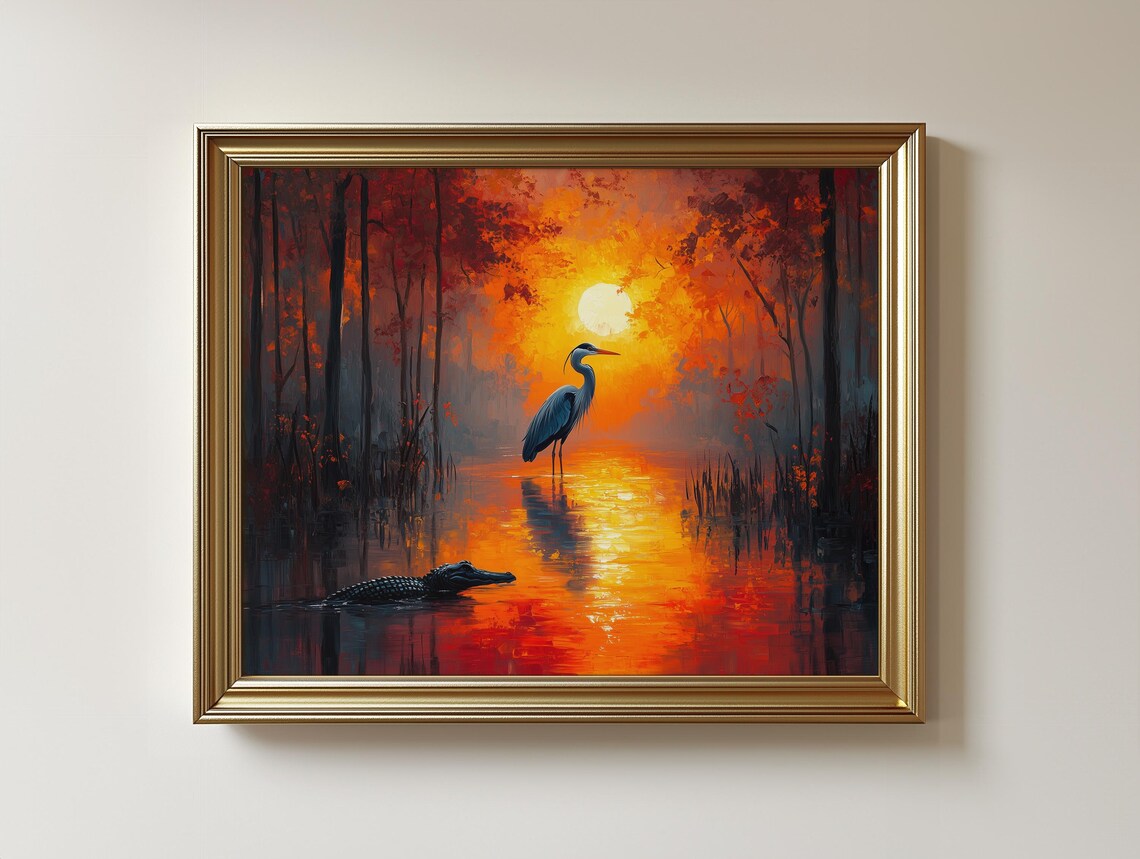 Swamp Sunset Heron Art Print, Rustic Nature Landscape