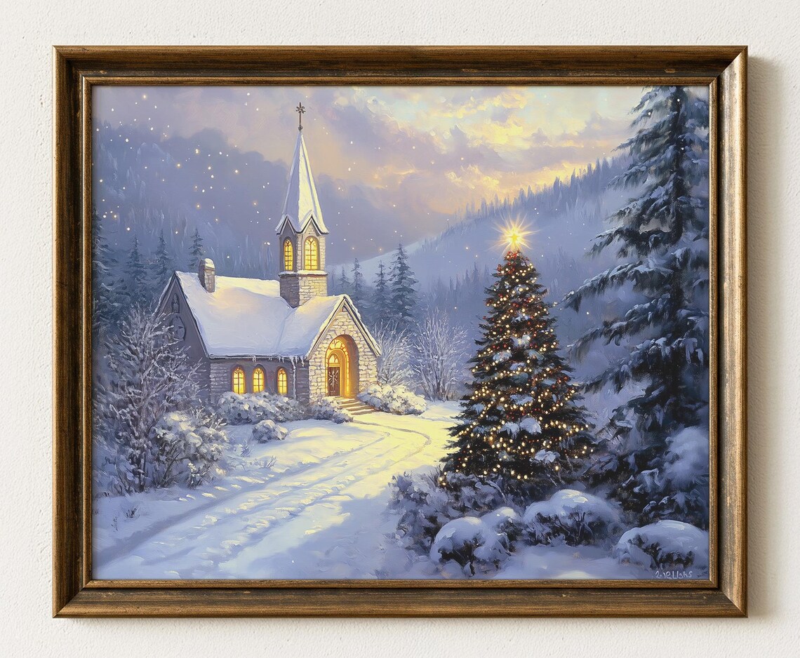 Snowy Church Winter Landscape Art Rustic Holiday Print 621