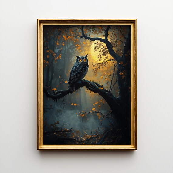 Spooky Owl Forest Print Moody Moonlit Scene 462
