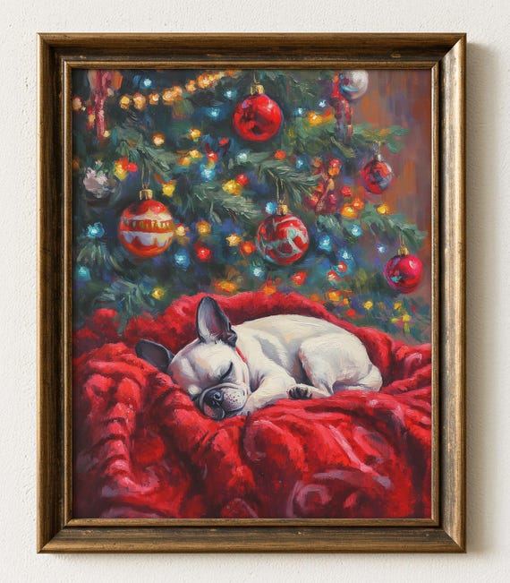 Christmas Dog Art Festive Holiday Scene With Sleeping French Bulldog On Red Blanket Cozy Winter Decor 906