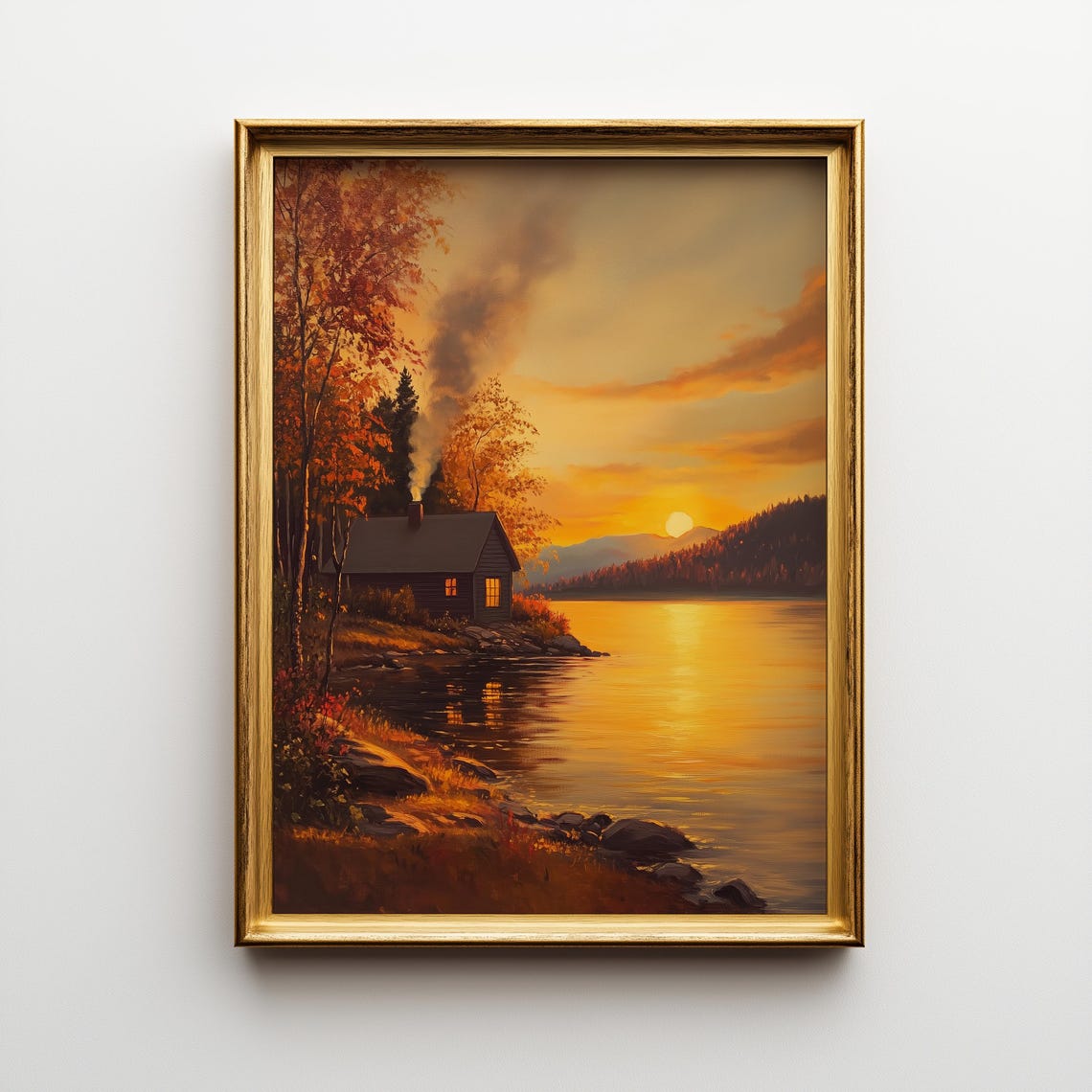 Golden Lakeside Cabin at Sunset Rustic Autumn Painting Poster