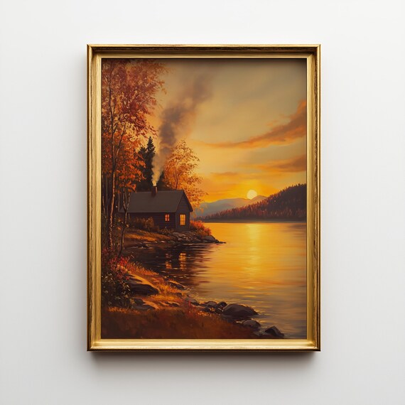 Golden Lakeside Cabin at Sunset Rustic Autumn Painting Poster