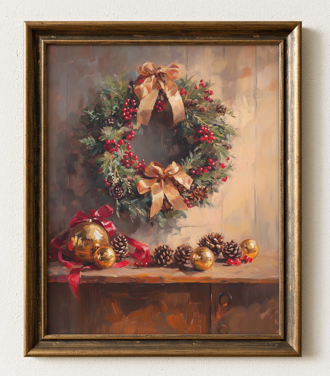 Vintage Christmas Wreath Print Rustic Holiday Wall Art 678
