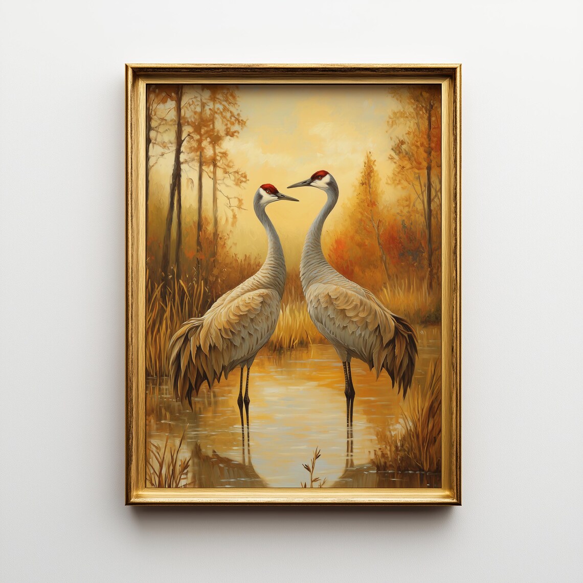 Sandhill Cranes Autumn Print Rustic Wildlife Painting 355