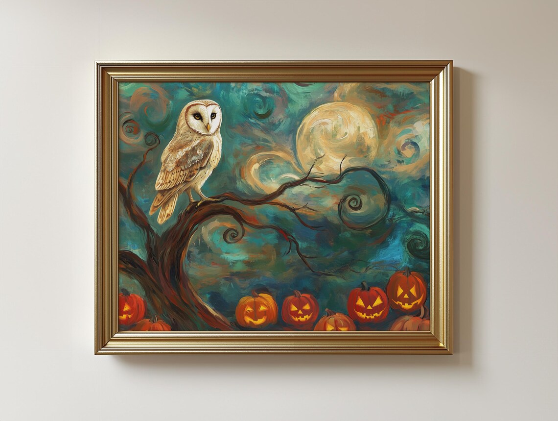 Halloween Owl Moon Art Print, Spooky Barn Pumpkin Decor