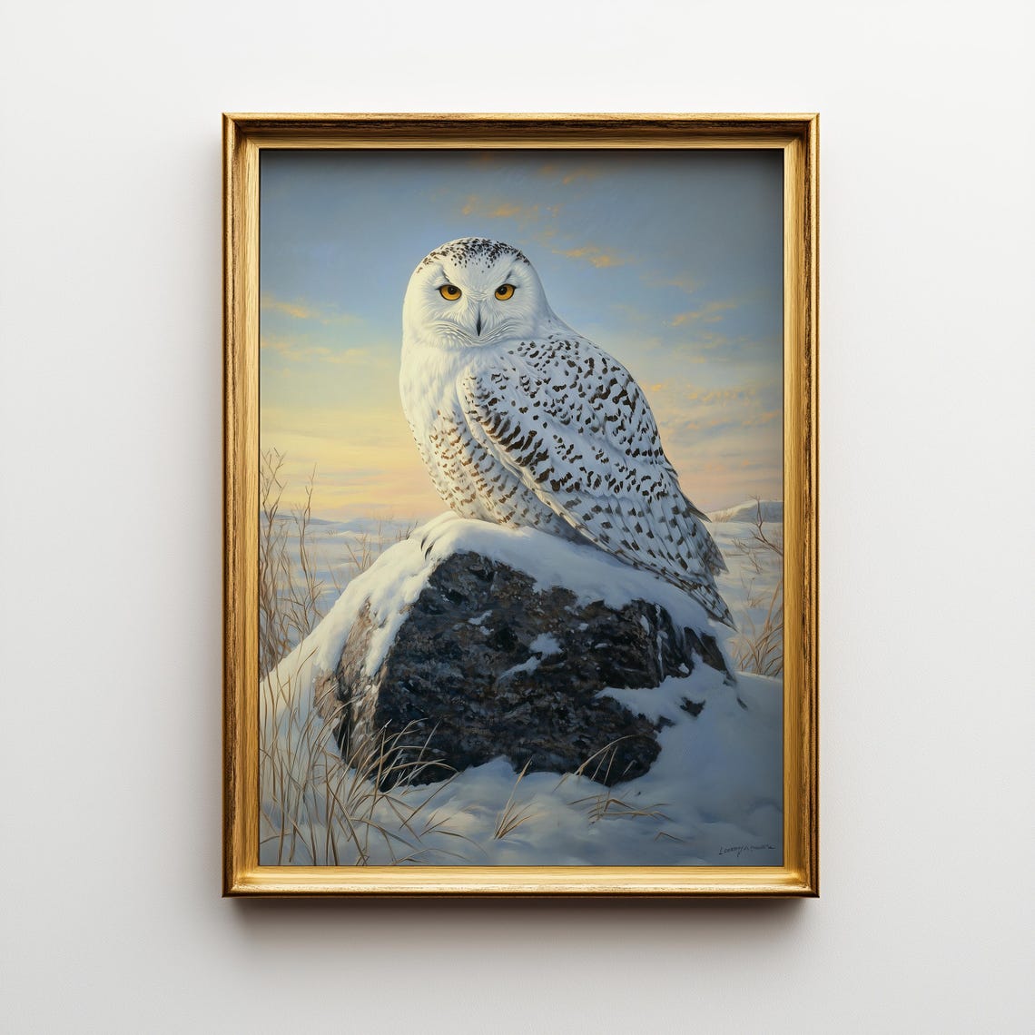 Snowy Owl Perched on Snow Covered Rock Winter Wildlife Painting Poster
