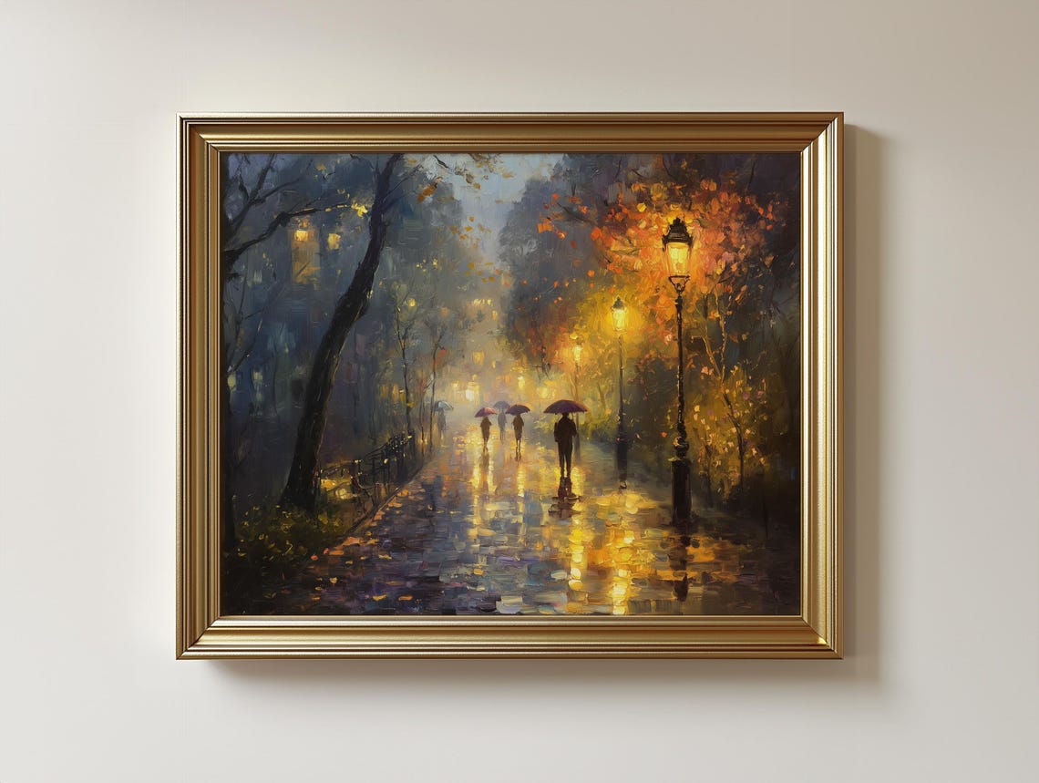 Rainy Cobblestone Street Autumn City Lights Oil Painting Poster