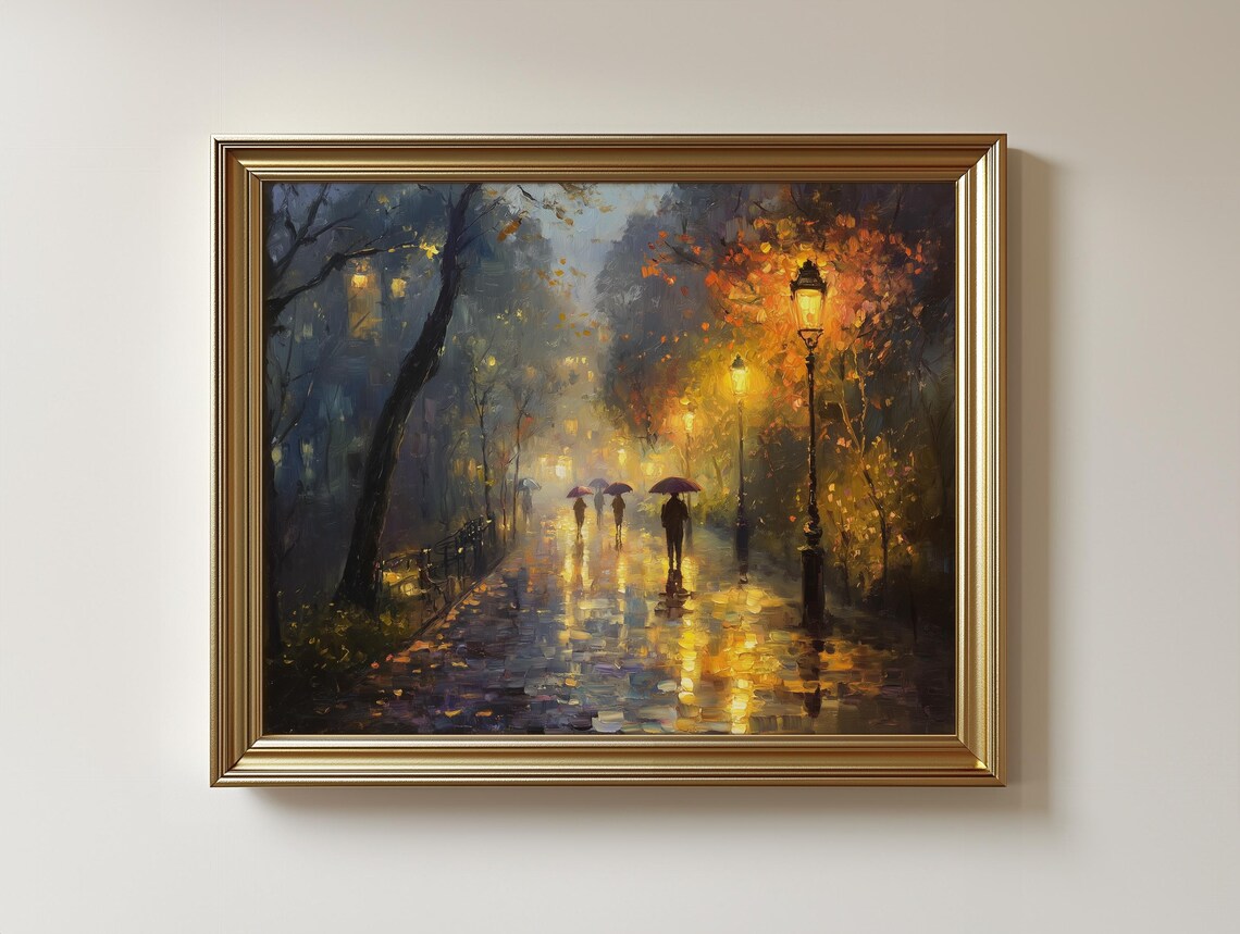 Vintage Rainy Cobblestone Street Print Moody Autumn Cityscape 378