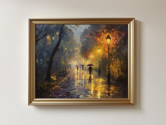 Rainy Cobblestone Street Autumn City Lights Oil Painting Poster