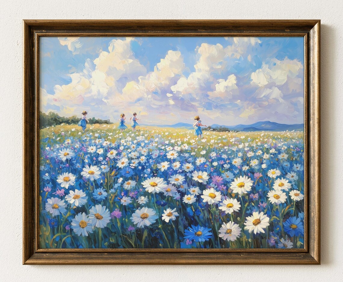 Children Running In Daisy Field Summer Meadow Art Bright Poster