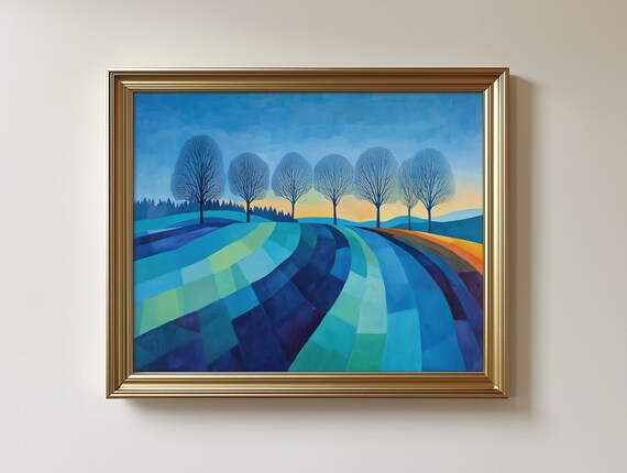 Vibrant Blue Winter Fields Oil Painting Rustic Landscape Art Print 224