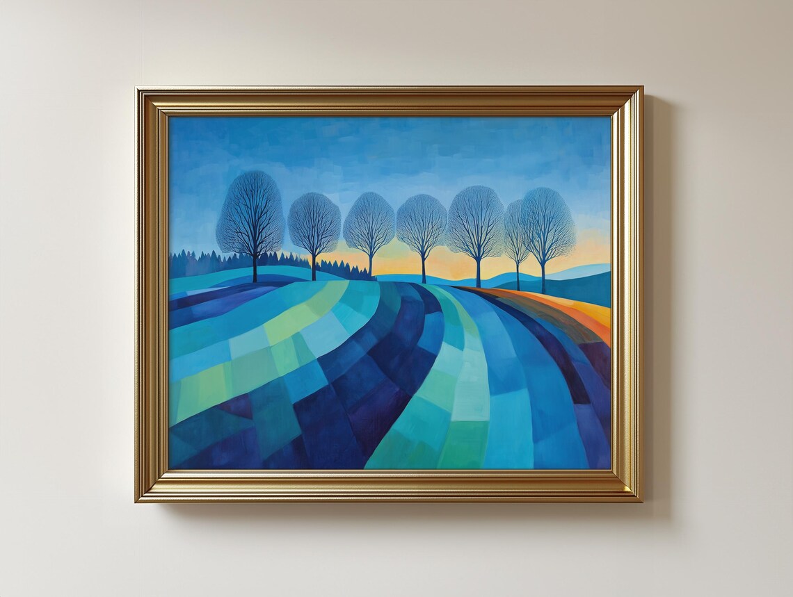 Vibrant Blue Winter Fields Geometric Rolling Hills Modern Landscape Art Print