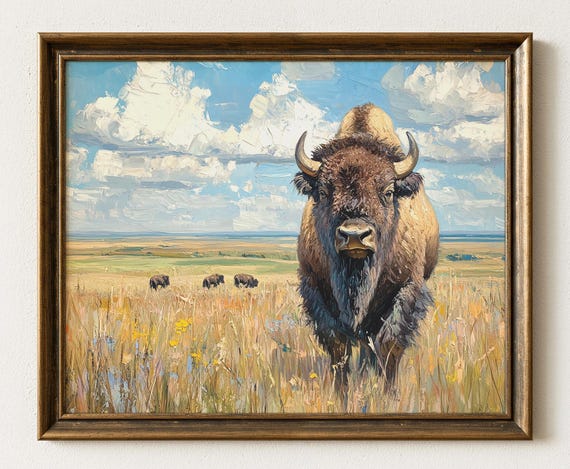 Rustic Western Bison Painting Farmhouse Prairie Scene With Golden Grass Wall Art Natureinspired 1035