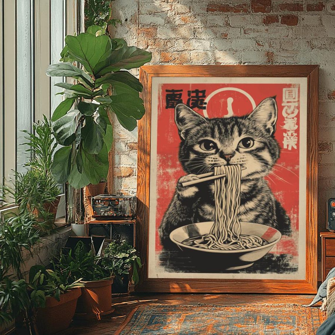 Retro Japanese Cat Eating Ramen, Japanese Kitchen Poster - Image 2