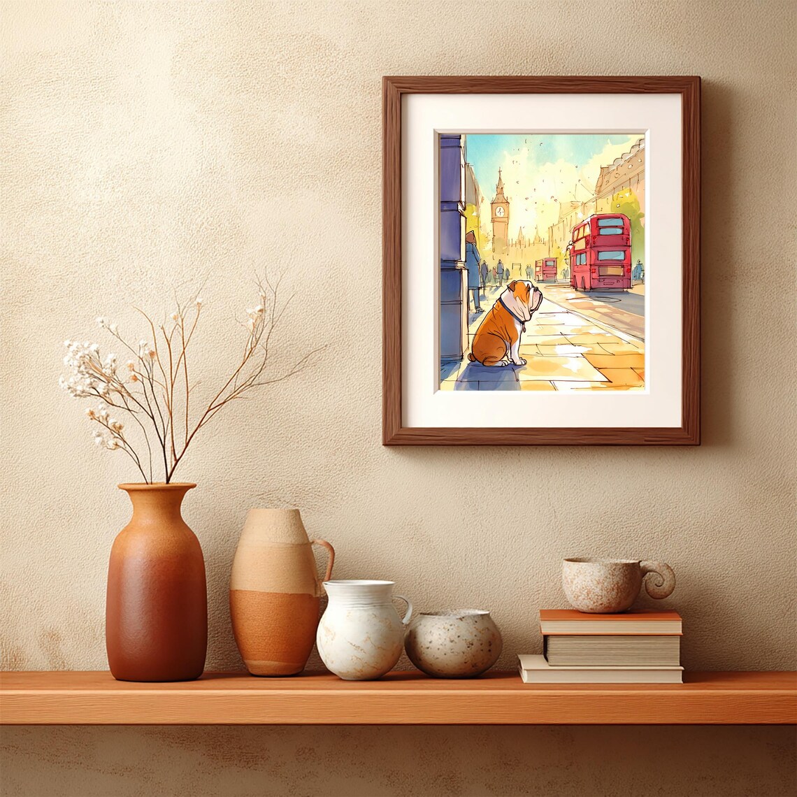 English Bulldog Watercolor London Street Big Ben Red Bus Poster - Image 5