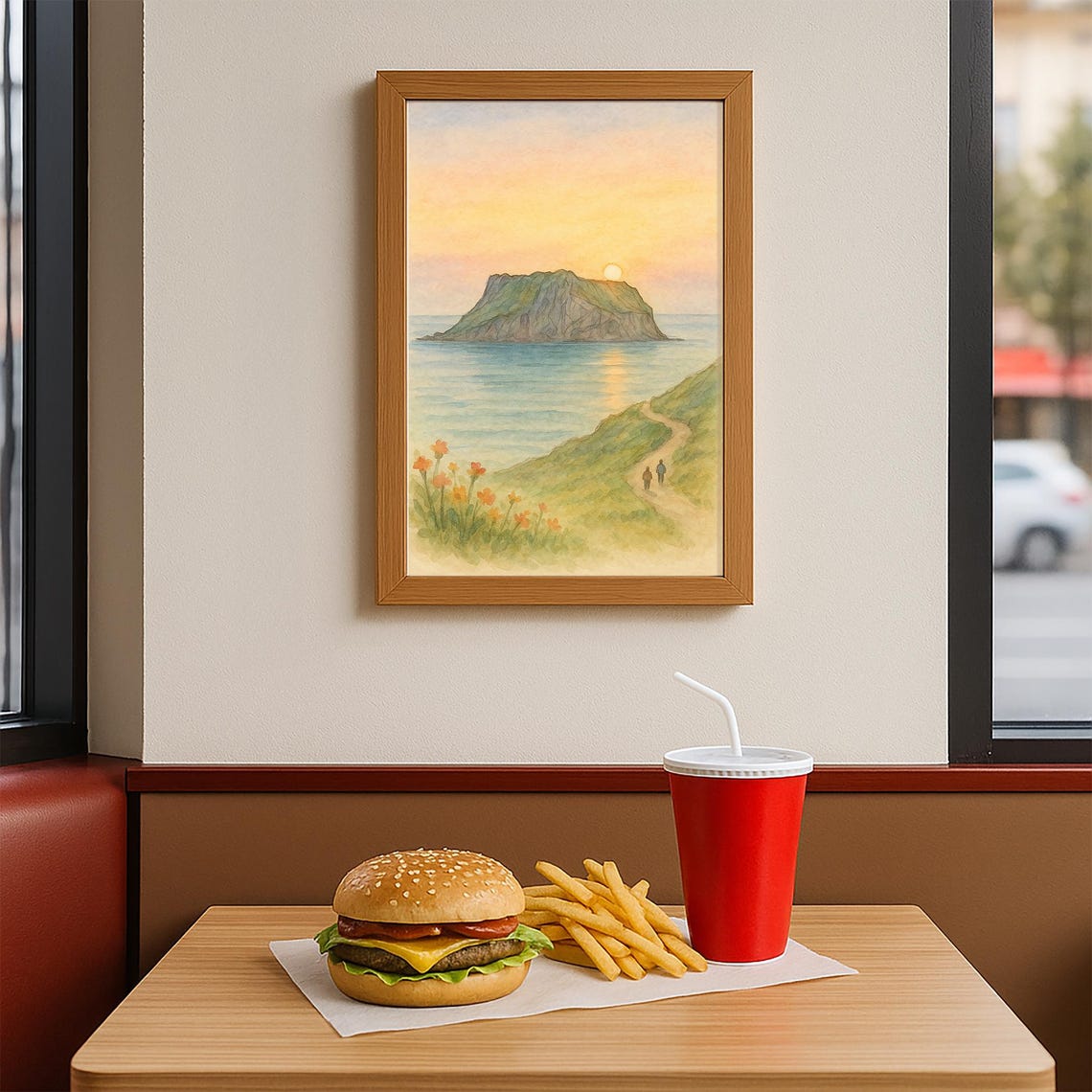 Sunrise Over Rocky Island Coast With Two Walkers Watercolor Poster - Image 3