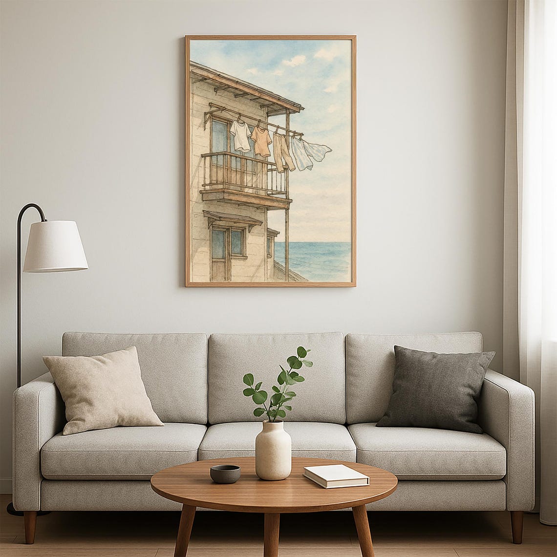 Seaside Balcony With Laundry Drying in Ocean Breeze Watercolor Poster - Image 4