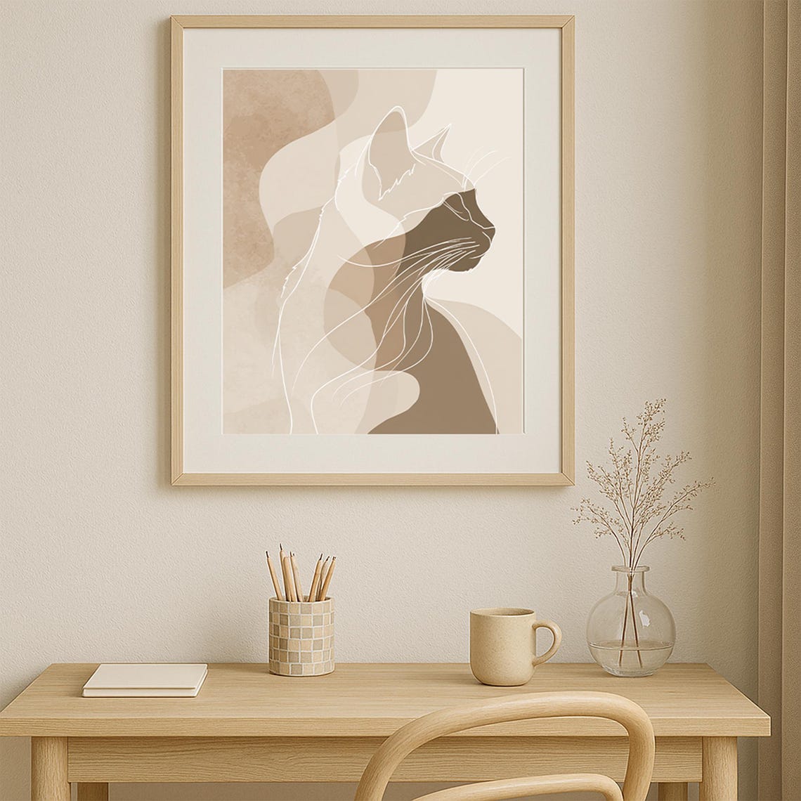 Minimalist Cat Line Art Neutral Beige Abstract Wall Decor Poster - Image 6