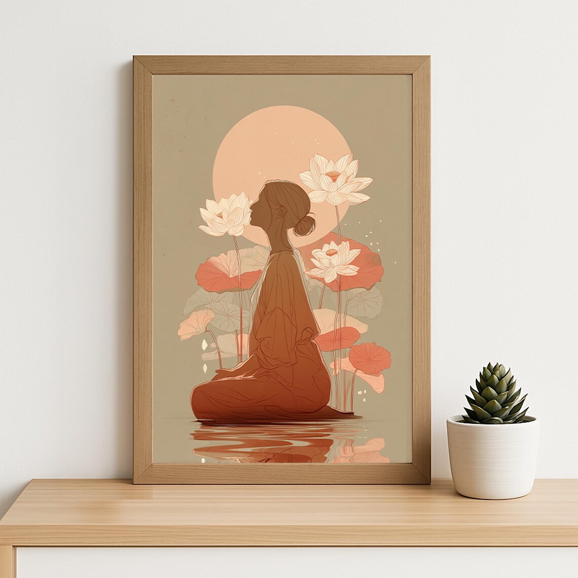 Meditating Woman With Moon And Lotus Flowers Boho Zen Wall Poster - Image 4