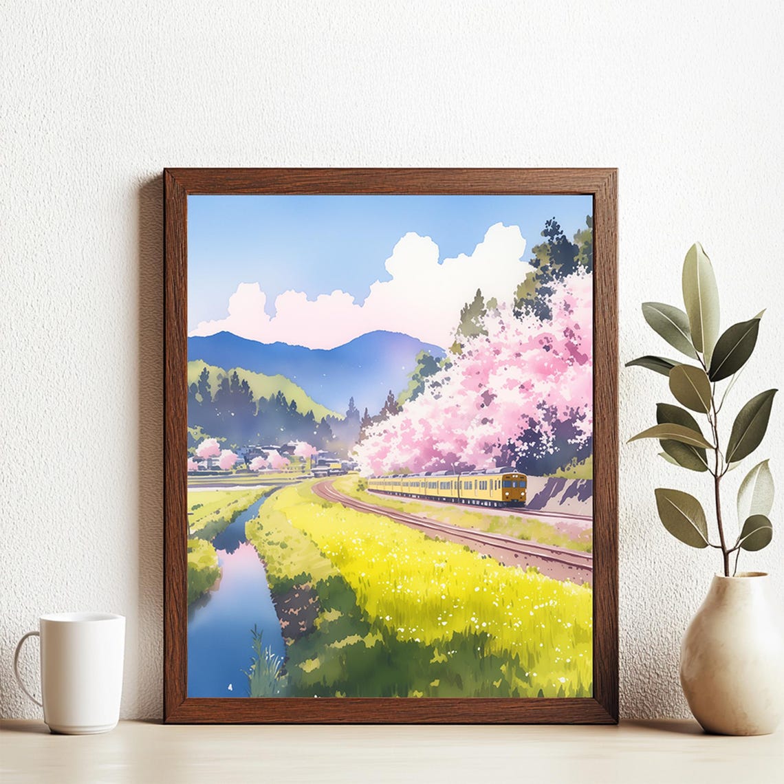 Japan Cherry Blossom Train Spring Countryside Watercolor Poster