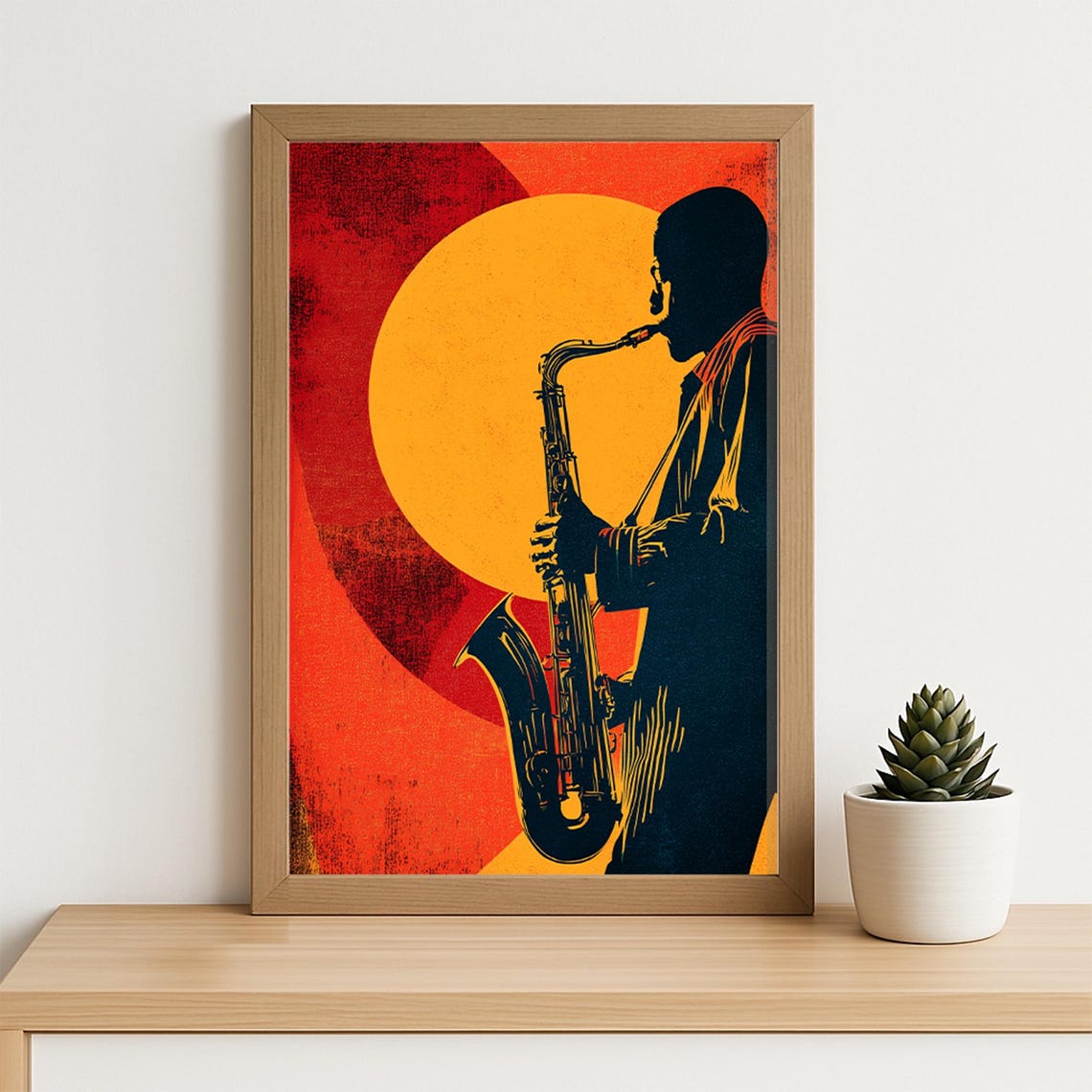 Jazz Saxophonist Silhouette Sunset Bold Retro Music Art Poster