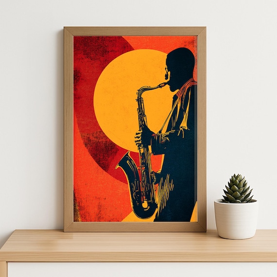 Jazz Saxophonist Silhouette Sunset Bold Retro Music Art Poster