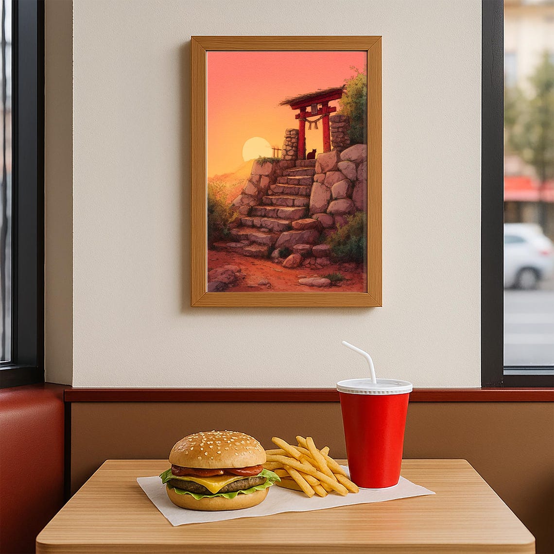 Japanese Shrine Sunset Red Torii Gate With Cat on Stone Steps Poster - Image 3