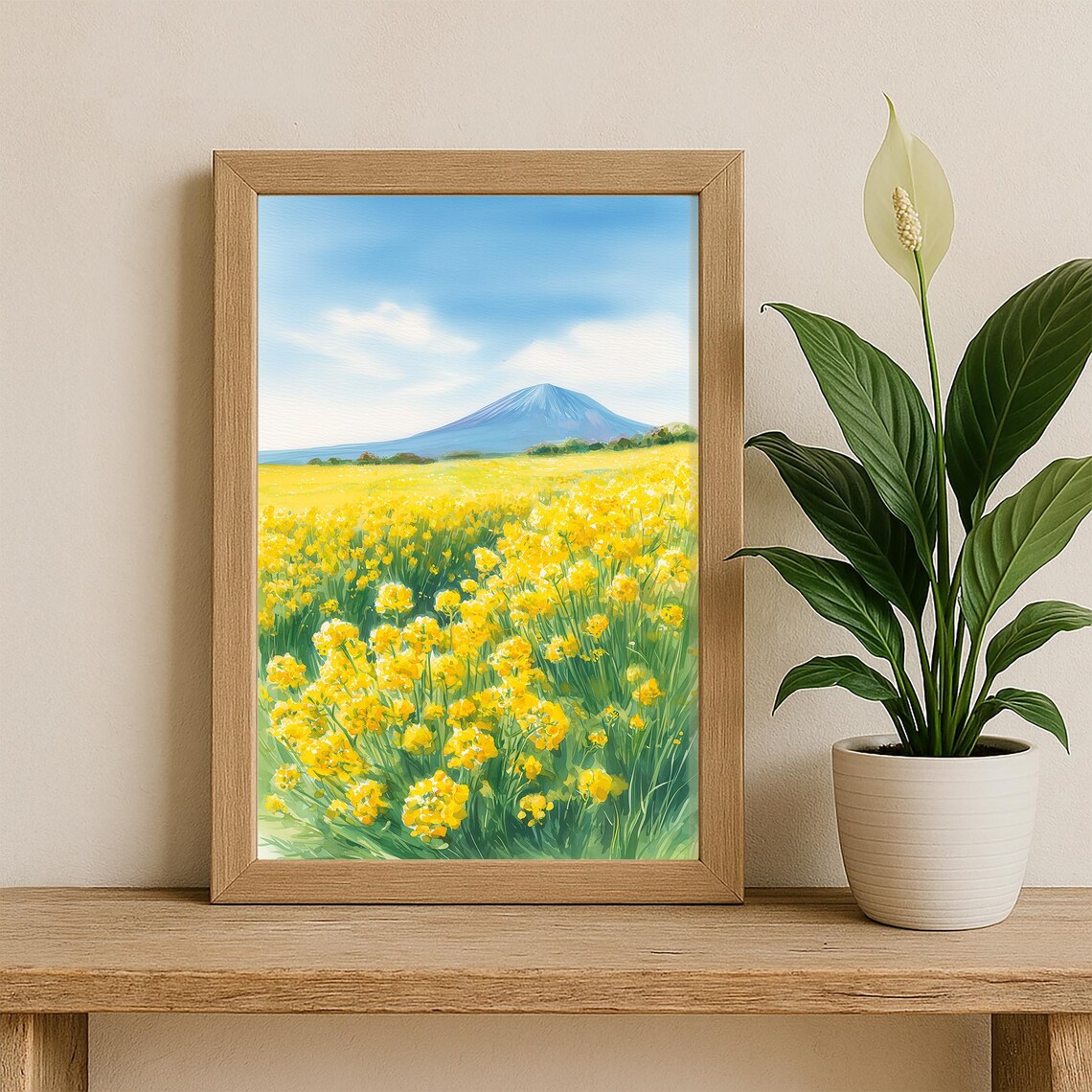 Jeju Island Yellow Canola Flower Field Mountain Watercolor Poster - Image 3