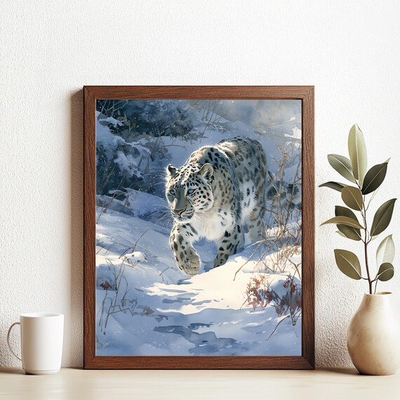 Snow Leopard Walking Through Snowy Mountains Winter Wildlife Poster