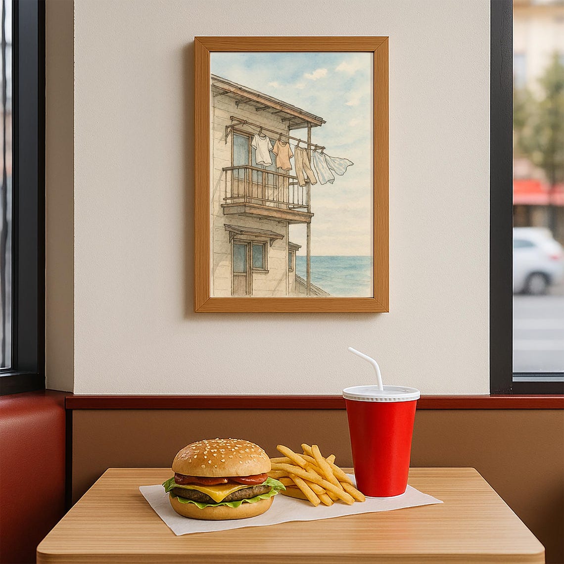 Seaside Balcony With Laundry Drying in Ocean Breeze Watercolor Poster - Image 3