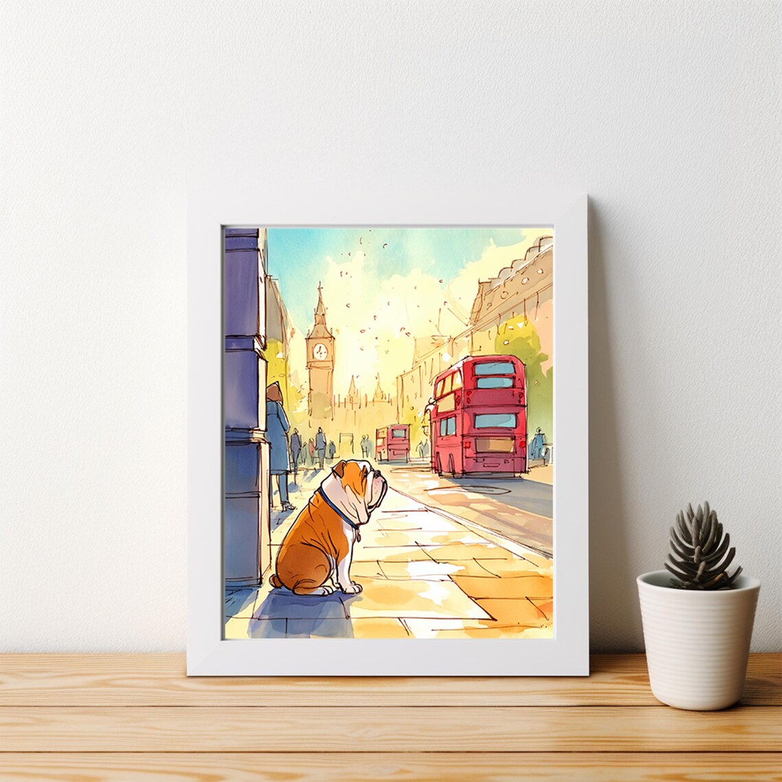 English Bulldog Watercolor London Street Big Ben Red Bus Poster - Image 4