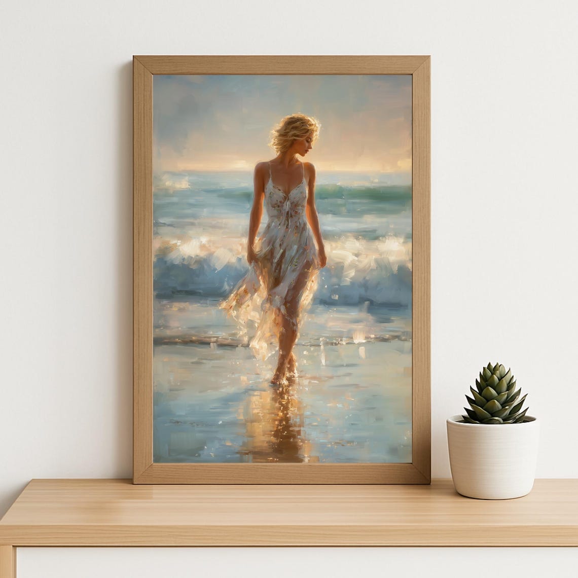 Woman Walking On Sunset Beach Impressionist Oil Painting Wall Art
