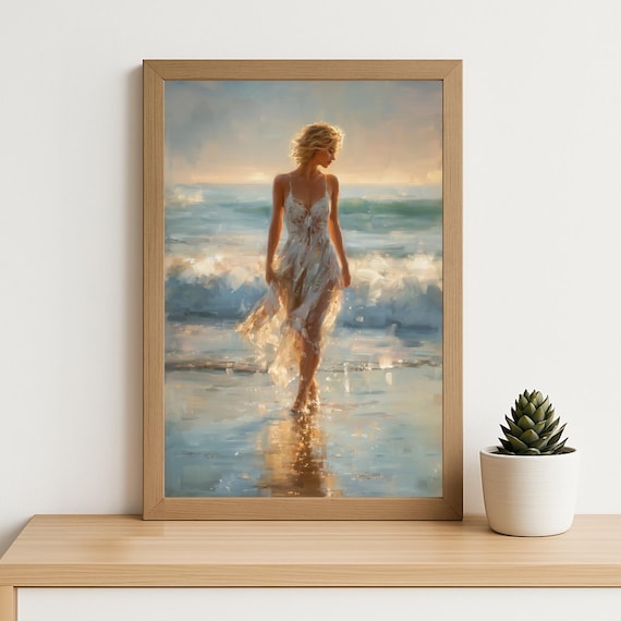 Woman Walking On Sunset Beach Impressionist Oil Painting Wall Art